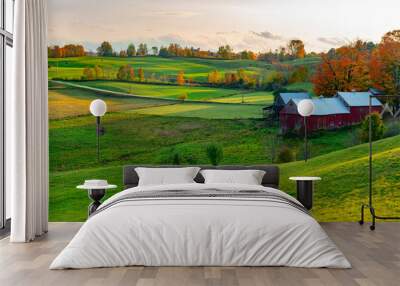 landscape of autumn farmland with woods in sunset light Wall mural