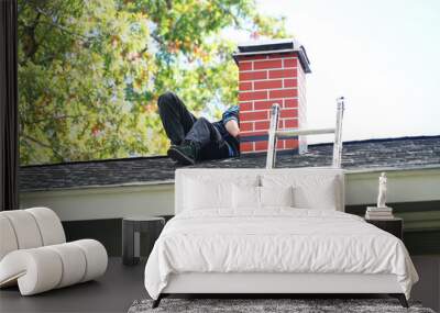 worker repairing chimney on the roof Wall mural