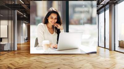 Brunette using laptop in cafe Wall mural