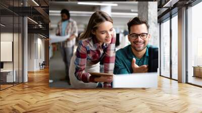 Business people brainstorming and chatting at workplace office Wall mural