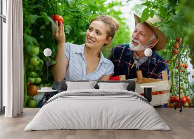 Grandfather growing organic vegetables with family at bio farm. People healthy food concept Wall mural