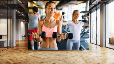 Group of fit young people exercising at the gym Wall mural