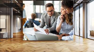 Group of multiethnic business people working at busy modern office Wall mural