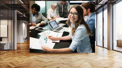 Happy diverse business colleagues meeting, working in modern office Wall mural