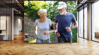 Happy fit senior couple exercising in park Wall mural