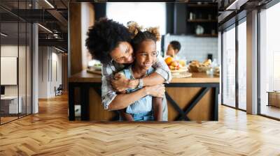 Happy mother and children in the kitchen. Healthy food, family, cooking concept Wall mural