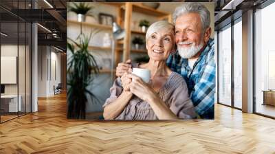 Happy smiling senior couple embracing together at home Wall mural