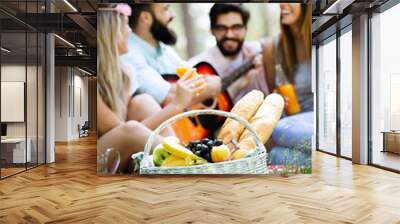 Happy young friends having picnic in the park Wall mural