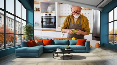 Mature handsome man cooking in home kitchen Wall mural