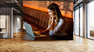 Portrait of beautiful business woman working on laptop. Business work online concept. Wall mural