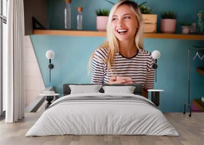 Portrait of beautiful young happy woman smiling and having fun Wall mural