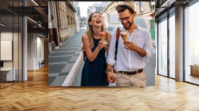 Portrait of happy couple having date and fun on vacation. People travel happiness concept. Wall mural