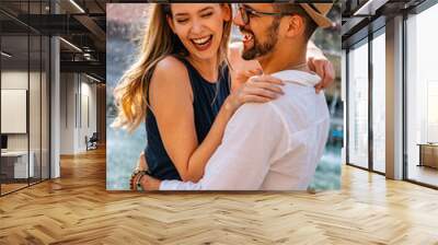 Portrait of happy couple having date and fun on vacation. People travel happiness concept. Wall mural