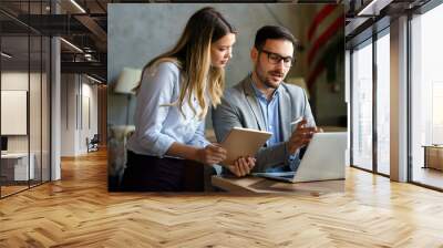 Portrait of success business colleagues working, smiling together in office. Wall mural