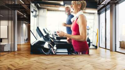 Senior people running in machine treadmill at fitness gym club Wall mural