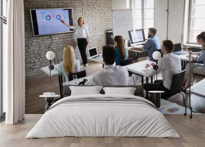 Successful happy group of people learning software engineering and business during presentation Wall mural