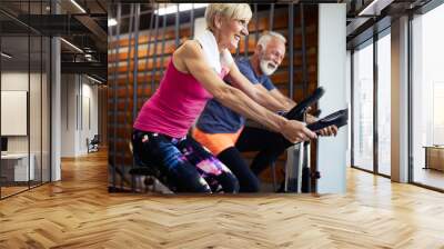 Vital mature couple exercising in the gym. Wall mural