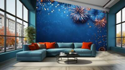 Bright blue fireworks burst against dark blue background, creating festive atmosphere filled with shimmering stars. This vibrant display captures joy of celebration Wall mural