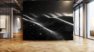 mesmerizing abstract landscape featuring flowing waves of light and shadow, with sparkling particles creating sense of depth and movement. dark background enhances ethereal quality of scene Wall mural