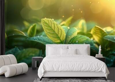 New Growth in the Morning Sun: A vibrant and lush green foliage, illuminated by the warm golden glow of the morning sun, symbolizes new beginnings, resilience, and the promise of a brighter future.   Wall mural