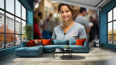 Portrait of a beautiful young woman using tablet computer in the shopping mall Wall mural