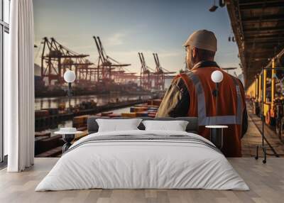 Portrait of a man working at a container terminal in the evening Wall mural