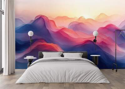 Sunrise Over Abstract Mountains: A vibrant and ethereal landscape painting, capturing the moment the sun peeks over a range of abstract, watercolor-like mountains, creating a mesmerizing symphony of c Wall mural