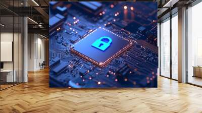 A close-up of a blue padlock icon on a glowing microprocessor chip. Wall mural