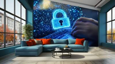 A glowing padlock icon hovers over a laptop keyboard as a person types, symbolizing online security and data protection. Wall mural