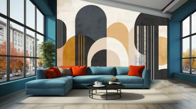 Abstract geometric art with rounded shapes in yellow, brown, white and blue on a beige background. Wall mural