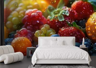 A colorful mix of fresh fruits and berries, including strawberries, raspberries, and blueberries, bathed in natural light. Wall mural