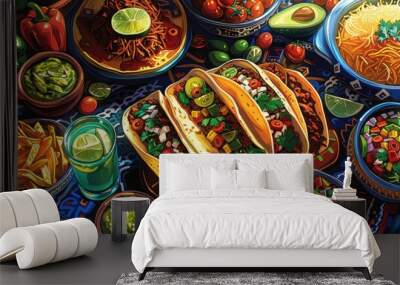 A colorful spread of Mexican food, including tacos, salsa, guacamole, and chips. Wall mural