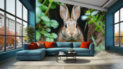 A curious brown rabbit peeks out from its burrow, surrounded by lush greenery. Its long ears and large eyes are prominent. Wall mural