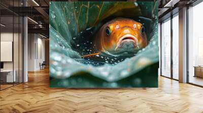 A curious goldfish peering out from beneath a large, water-laden lily pad. Wall mural