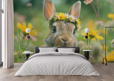 A cute bunny rabbit with a flower crown, surrounded by wildflowers in a lush green field. Wall mural