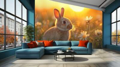 A cute rabbit sits in a field of wildflowers, bathed in the warm glow of the setting sun. Wall mural