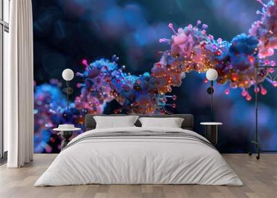 Abstract 3D rendering of a colorful DNA strand with glowing particles.  Perfect for science, biology, or genetics concepts. Wall mural