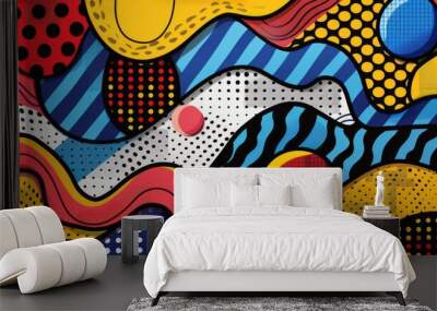 Abstract colorful background with bold geometric shapes, lines, and dots in a vibrant pop art style. Wall mural