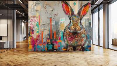 Abstract colorful rabbit portrait with city backdrop.  Modern art, digital painting. Wall mural