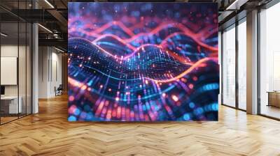 Abstract digital wave pattern with glowing red and blue lines on a dark background. Wall mural