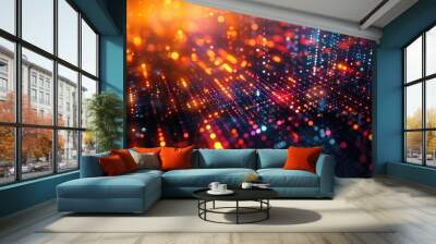 Binary code flowing across the screen in blue and orange hues. Wall mural