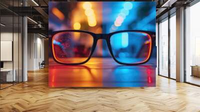 Black framed glasses lay on a table with blurred lights reflecting in the lenses.  The lights are a mix of red and blue. Wall mural