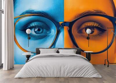 Close-up of a person's face with glasses, split in half by blue and orange colors. Wall mural