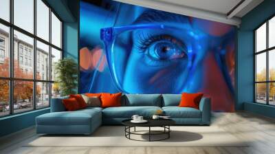 Close-up of a woman's eye behind blue glasses, illuminated with blue and orange light. Wall mural