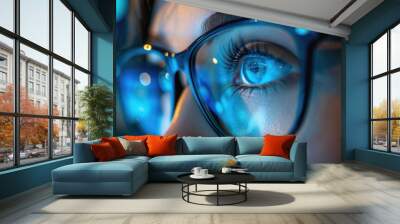 Close-up of a woman's eye with glasses, reflecting blue light.  Focus on technology, digital world, and future. Wall mural