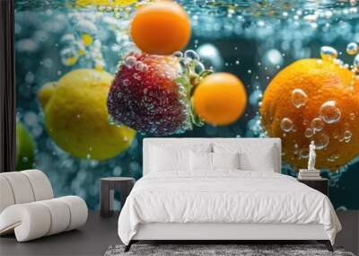 Fresh fruit splashing in water, a vibrant burst of color and energy. Wall mural