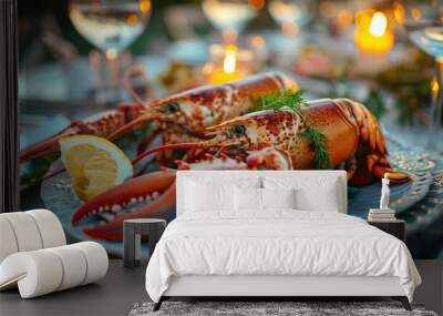 Two cooked lobsters on a plate with lemon and parsley, set on a table with wine glasses and candles. Wall mural