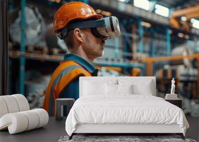 Worker wearing safety goggles and helmet in warehouse. Wall mural