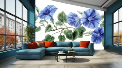 A beautiful illustration of blue morning glory flowers with lush green leaves, showcasing delicate petals and winding vines. Wall mural