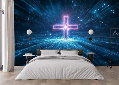 Abstract Glowing Cross with Blue Lights Wall mural